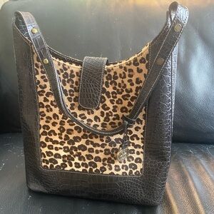 Brahmin Leopard Print and Black Leather Shoulder Bag